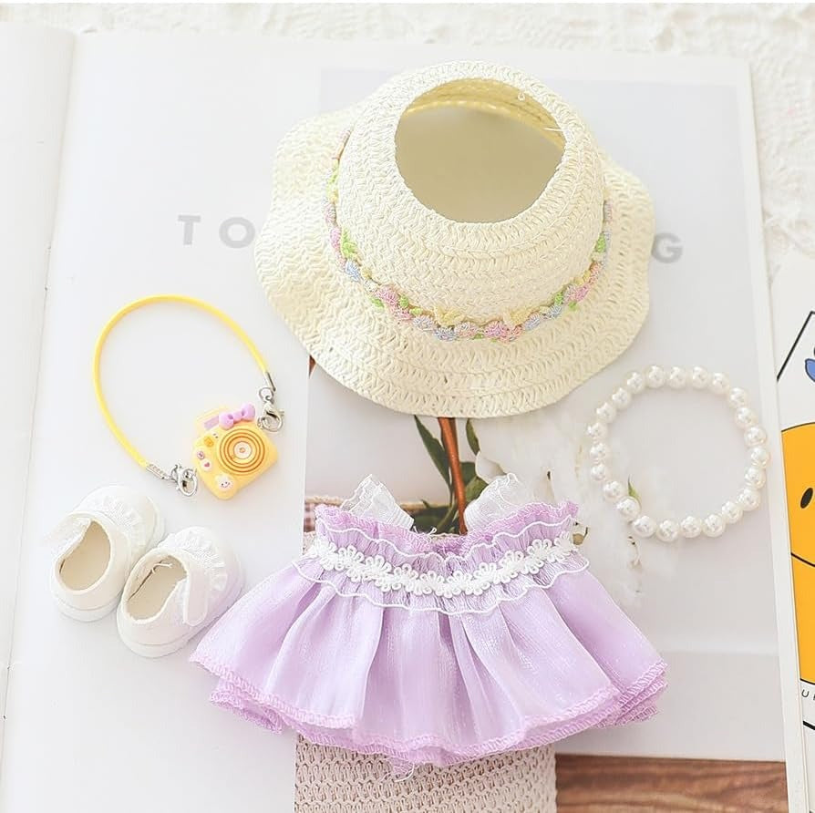 Handmade Elegant Summer Dress Set for Labubu-Style Dolls – 5-Piece Outfit with Hat, Shoes, and Accessories (15–17cm Compatible)