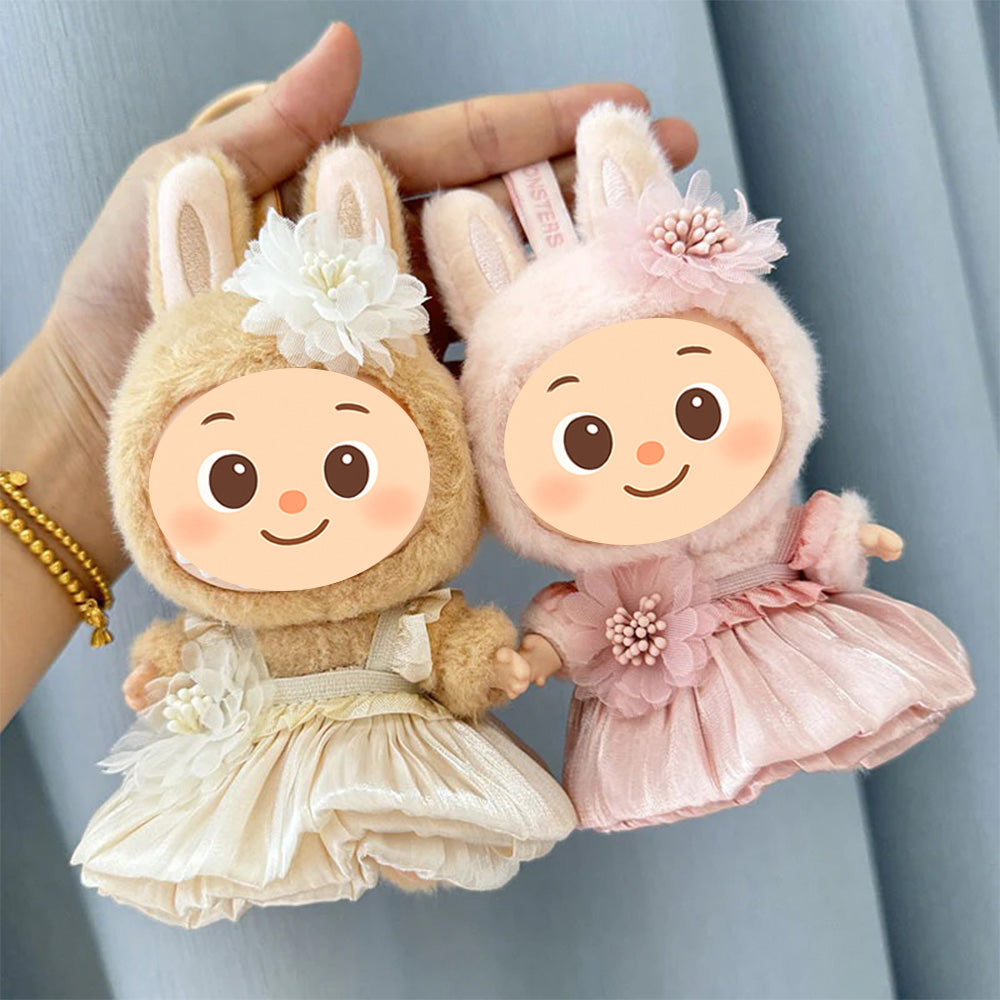 Handmade Elegant Dress Set for Labubu Dolls – 2-Piece Outfit with Pleated Skirt and Floral Headpiece