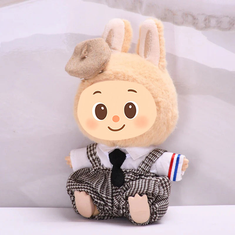Handmade Vintage Plaid Outfit Set for Labubu-Compatible Dolls – 4-Piece Gentleman Look with Tie, Shirt, Pants & Hat