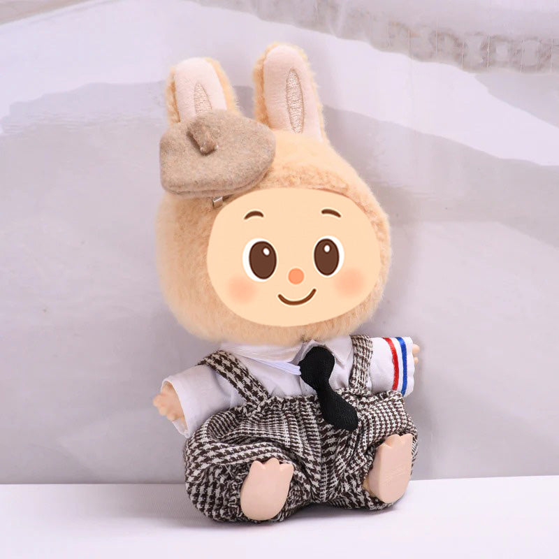Handmade Vintage Plaid Outfit Set for Labubu-Compatible Dolls – 4-Piece Gentleman Look with Tie, Shirt, Pants & Hat