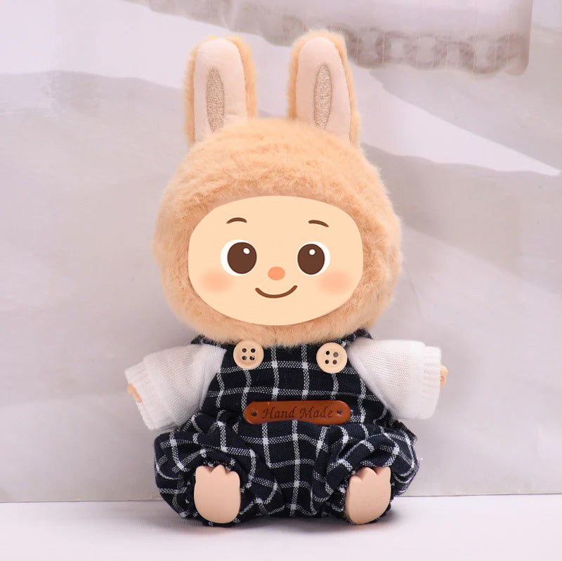 Woolen Overalls Outfit Set Fit for Labubu – 3-Piece Cozy Plaid Doll Clothes – Includes Denim Smile Hat, White Sweater Top, and Handmade Plaid Overalls