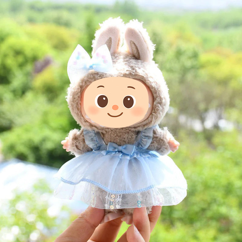Sweet Tulle Dress Set fit Labubu Dolls – 2-Piece Princess Outfit with Bow Hair Clip for 15–17cm Dolls
