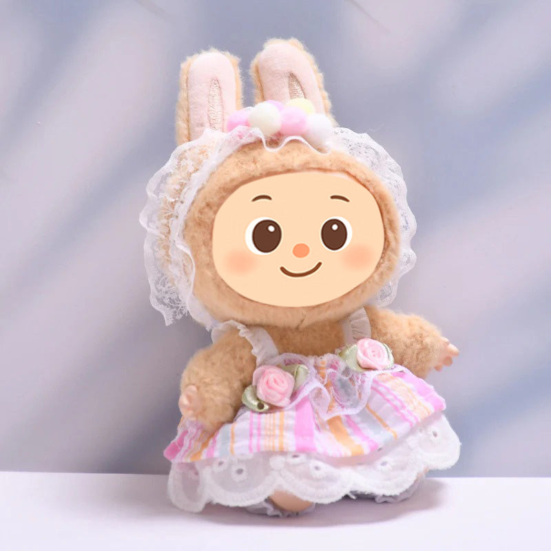 Handmade Pastel Dress Set for Labubu-Compatible Dolls – 3-Piece Sweet Floral Outfit with Headband, Skirt, and Bloomers