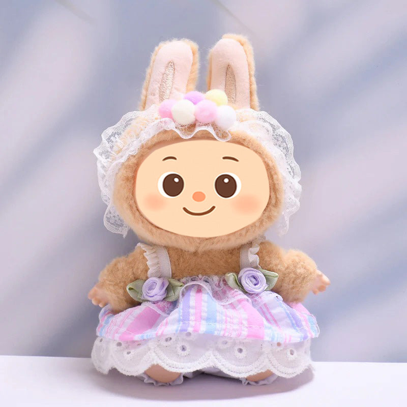 Handmade Pastel Dress Set for Labubu-Compatible Dolls – 3-Piece Sweet Floral Outfit with Headband, Skirt, and Bloomers