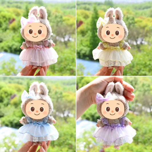 Sweet Tulle Dress Set fit Labubu Dolls – 2-Piece Princess Outfit with Bow Hair Clip for 15–17cm Dolls