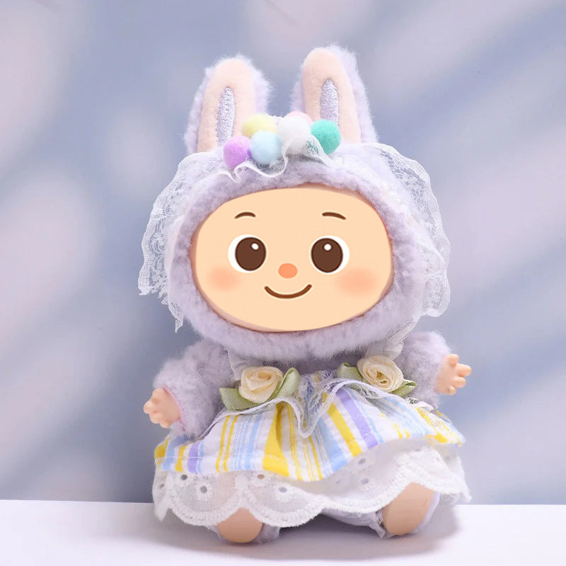 Handmade Pastel Dress Set for Labubu-Compatible Dolls – 3-Piece Sweet Floral Outfit with Headband, Skirt, and Bloomers