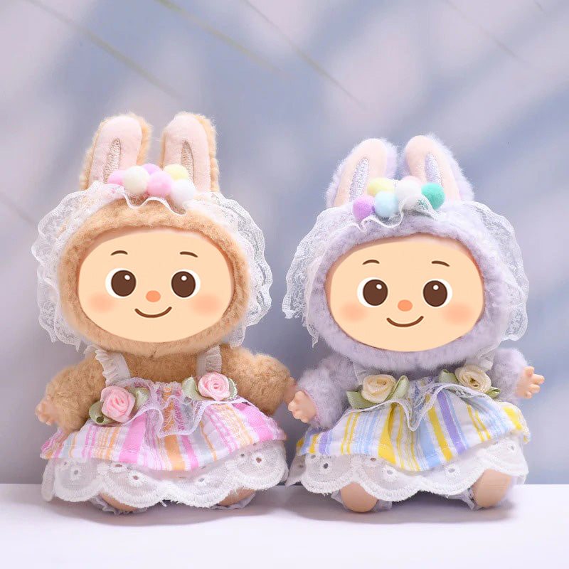 Handmade Pastel Dress Set for Labubu-Compatible Dolls – 3-Piece Sweet Floral Outfit with Headband, Skirt, and Bloomers