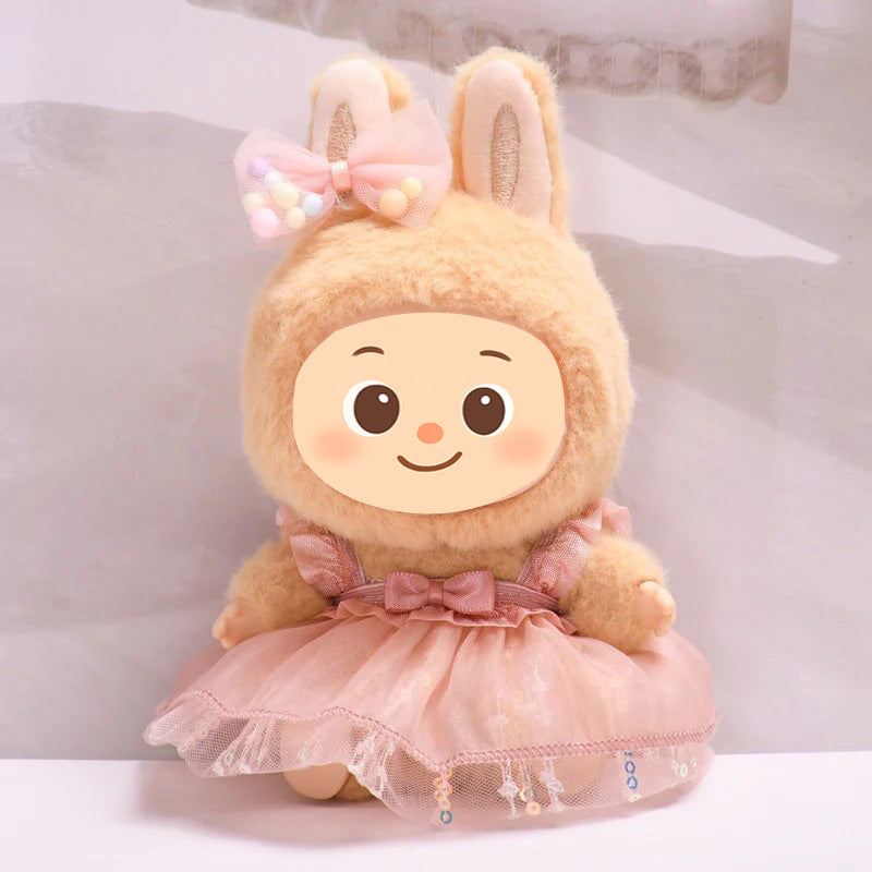Sweet Tulle Dress Set fit Labubu Dolls – 2-Piece Princess Outfit with Bow Hair Clip for 15–17cm Dolls
