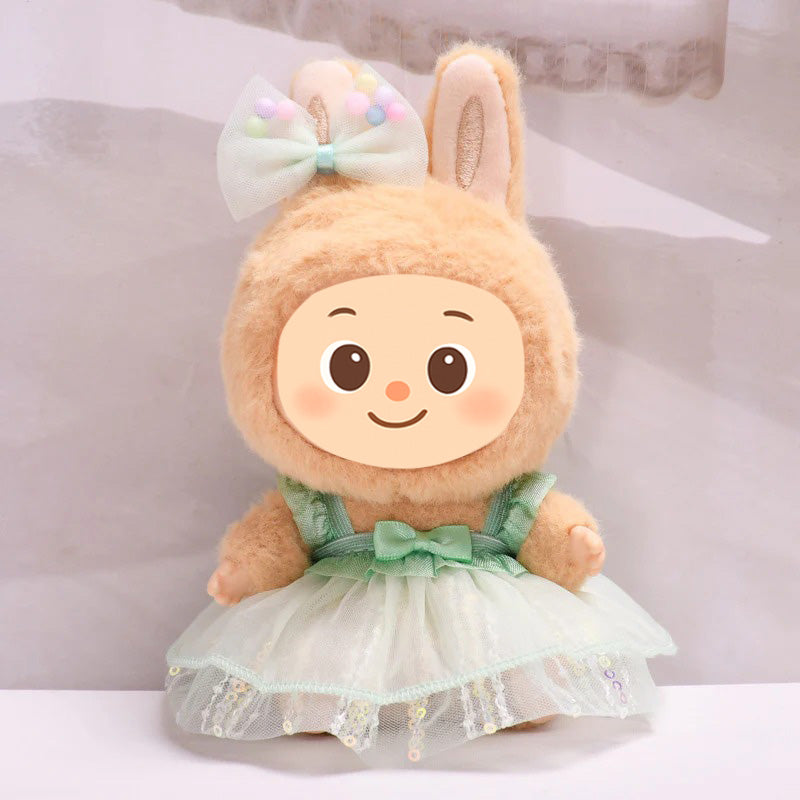 Sweet Tulle Dress Set fit Labubu Dolls – 2-Piece Princess Outfit with Bow Hair Clip for 15–17cm Dolls