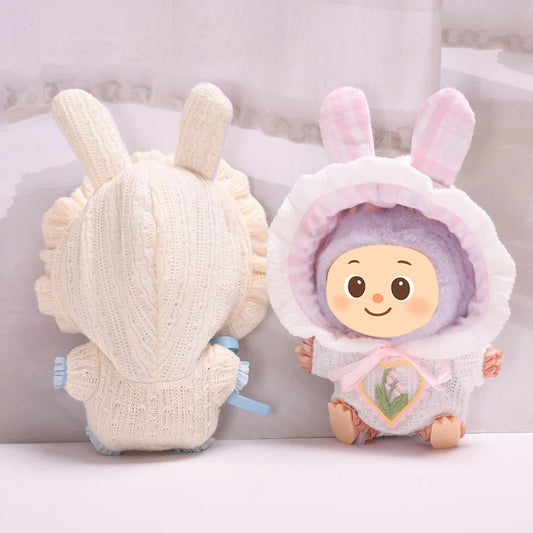 Handmade Knit Hoodie Outfit for 15–17cm Dolls – Fit for Labubu – Bunny Ears & Embroidered Heart