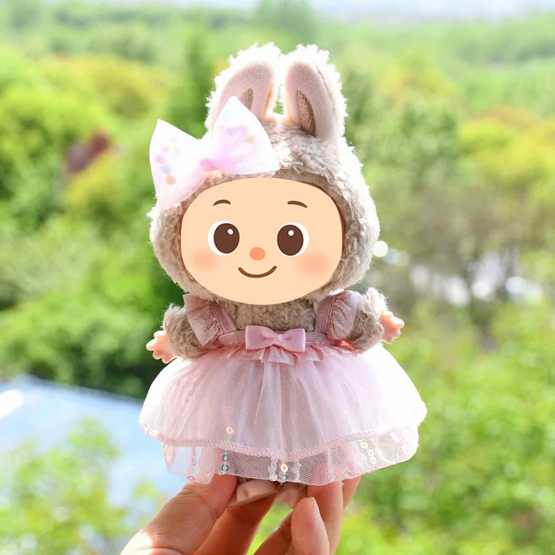 Sweet Tulle Dress Set fit Labubu Dolls – 2-Piece Princess Outfit with Bow Hair Clip for 15–17cm Dolls