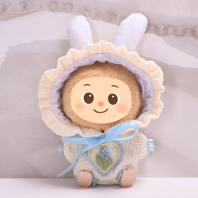 Handmade Knit Hoodie Outfit for 15–17cm Dolls – Fit for Labubu – Bunny Ears & Embroidered Heart