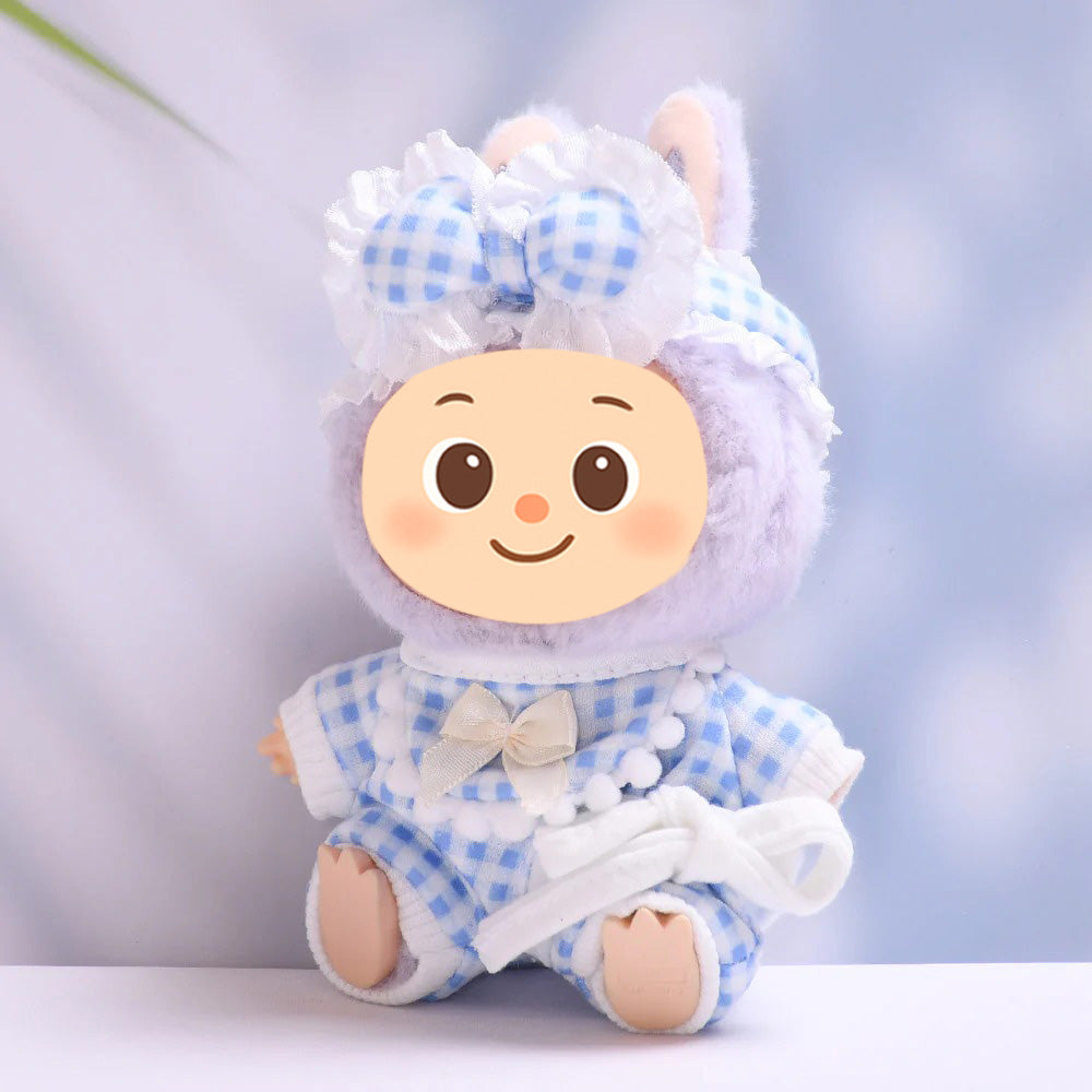 Gingham Pajama Set for Labubu – 3-Piece Sleepwear Outfit with Robe, Bib & Headband – Fit 15–17cm Dolls