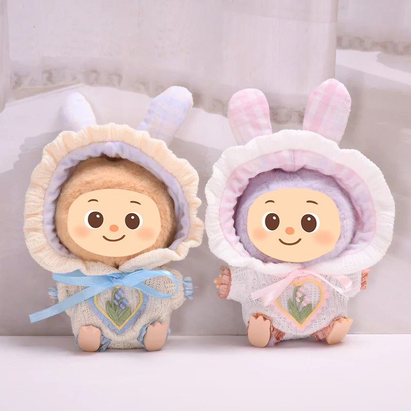 Handmade Knit Hoodie Outfit for 15–17cm Dolls – Fit for Labubu – Bunny Ears & Embroidered Heart