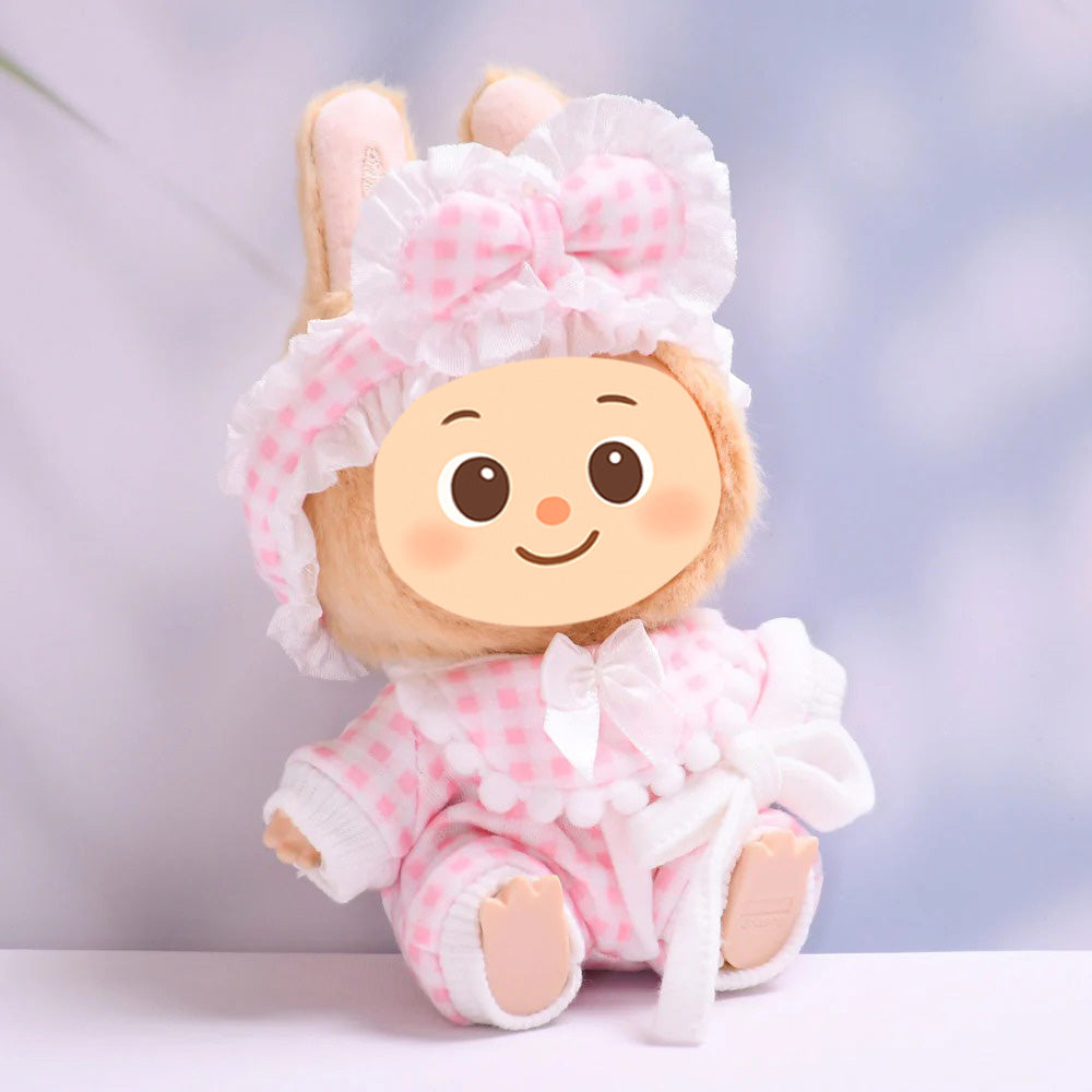 Gingham Pajama Set for Labubu – 3-Piece Sleepwear Outfit with Robe, Bib & Headband – Fit 15–17cm Dolls