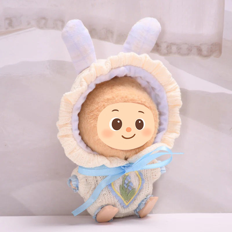 Handmade Knit Hoodie Outfit for 15–17cm Dolls – Fit for Labubu – Bunny Ears & Embroidered Heart