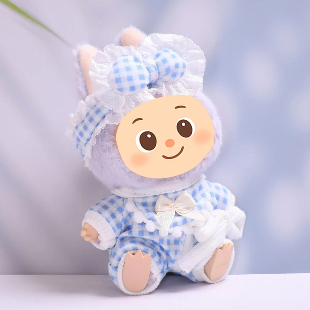 Gingham Pajama Set for Labubu – 3-Piece Sleepwear Outfit with Robe, Bib & Headband – Fit 15–17cm Dolls