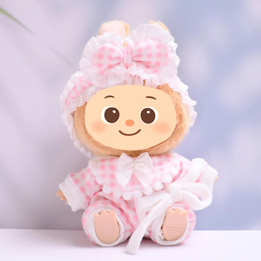 Gingham Pajama Set for Labubu – 3-Piece Sleepwear Outfit with Robe, Bib & Headband – Fit 15–17cm Dolls
