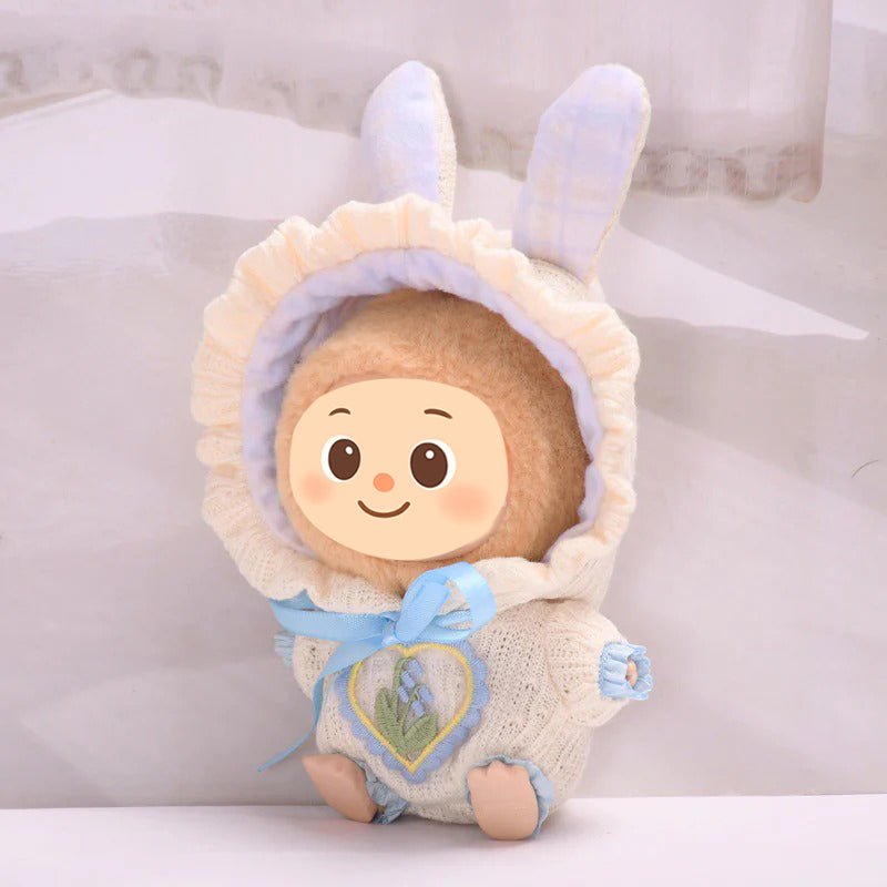Handmade Knit Hoodie Outfit for 15–17cm Dolls – Fit for Labubu – Bunny Ears & Embroidered Heart