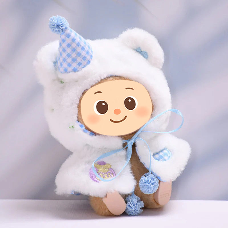Bear Cloak Clothes for Labubu – 1-Piece Furry Cape Outfit Compatible with Labubu Dolls – Include Party Hat and Gingham Lining