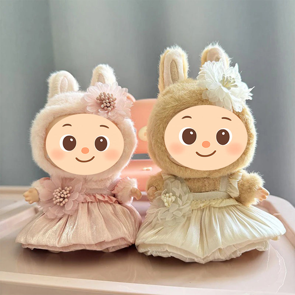 Handmade Elegant Dress Set for Labubu Dolls – 2-Piece Outfit with Pleated Skirt and Floral Headpiece