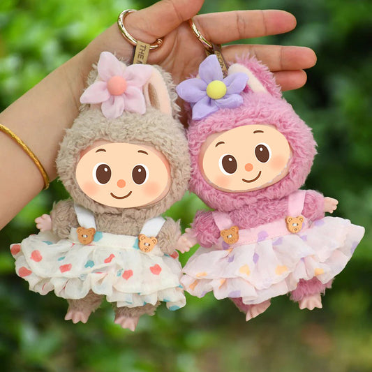 Handmade Heart-Tulle Doll Dress for Labubu – Soft Ruffle Outfit with Bear Buttons & Flower Clip – 3 Dreamy Color Options