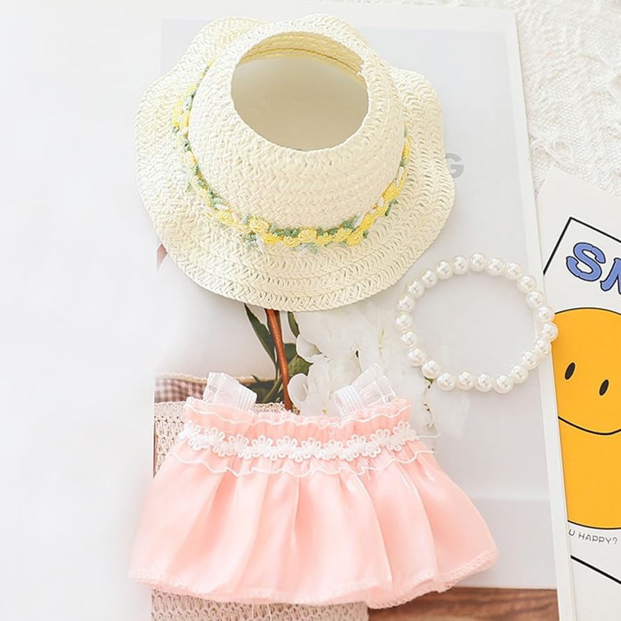 Handmade Elegant Summer Dress Set for Labubu-Style Dolls – 5-Piece Outfit with Hat, Shoes, and Accessories (15–17cm Compatible)
