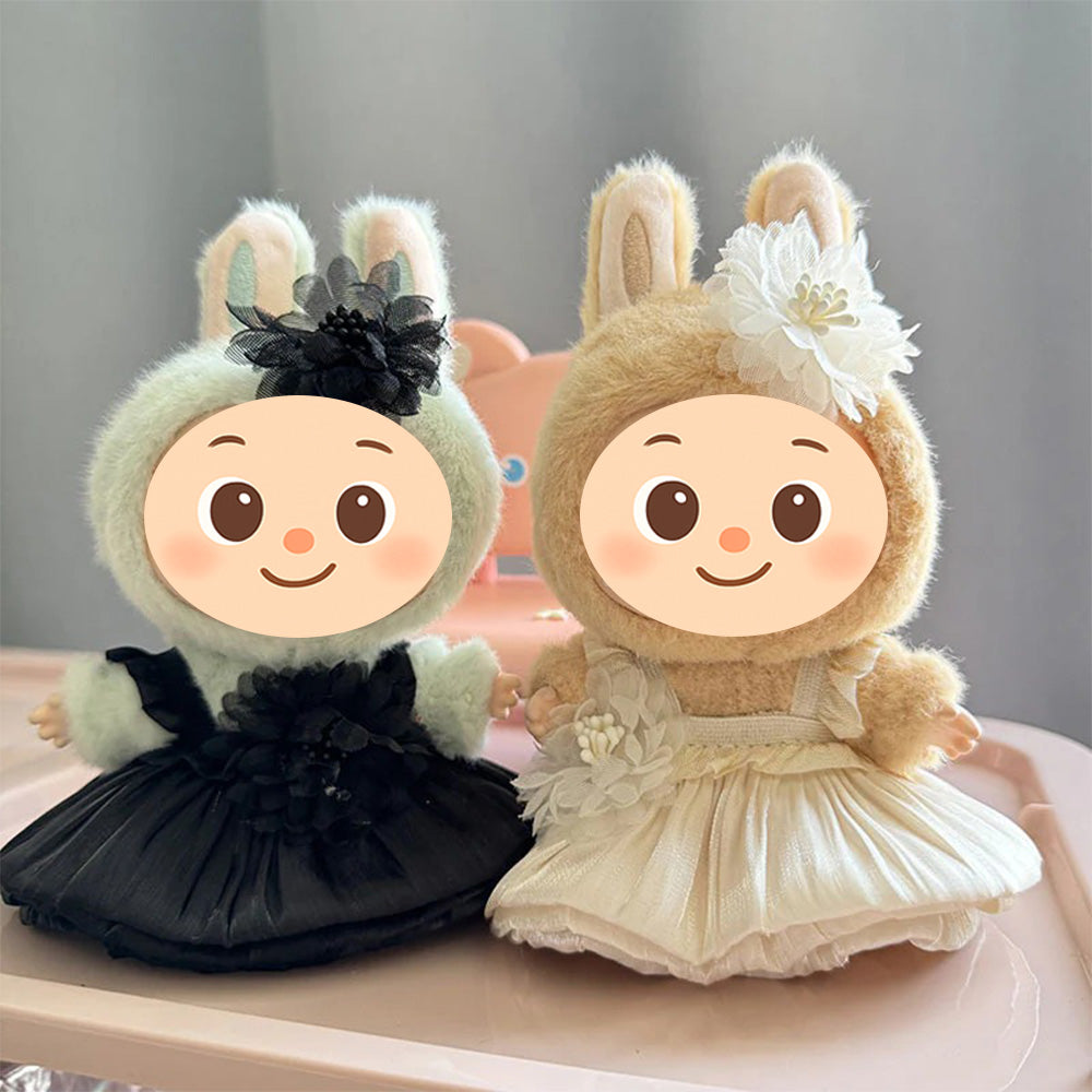 Handmade Elegant Dress Set for Labubu Dolls – 2-Piece Outfit with Pleated Skirt and Floral Headpiece