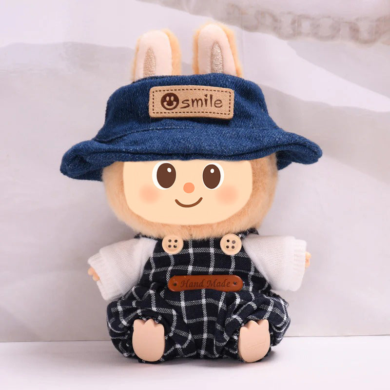 Woolen Overalls Outfit Set Fit for Labubu – 3-Piece Cozy Plaid Doll Clothes – Includes Denim Smile Hat, White Sweater Top, and Handmade Plaid Overalls