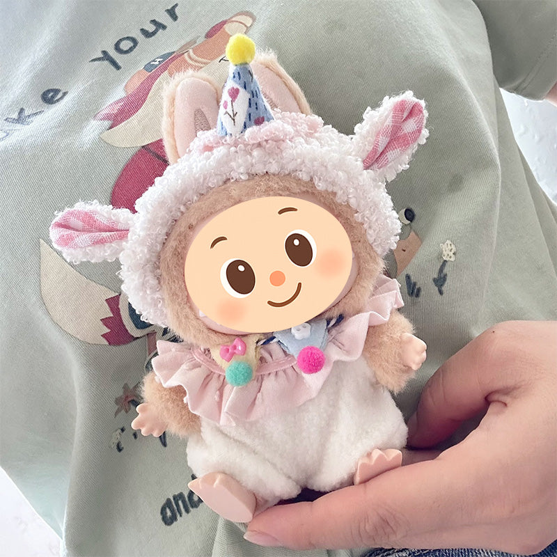 Handmade Birthday Sheep Outfit for Labubu-Style Dolls – Soft Plush Costume for 15–17cm Figures