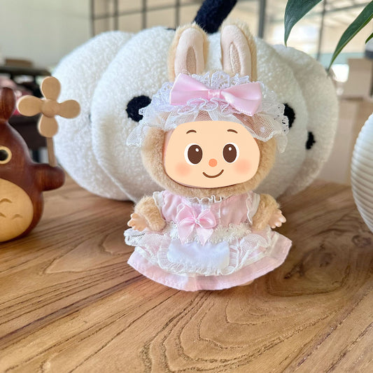 Handmade Princess Lace Dress Set for Dolls – 3-Piece Outfit with Headband, Apron and Dress – Fit for Labubu Style Dolls