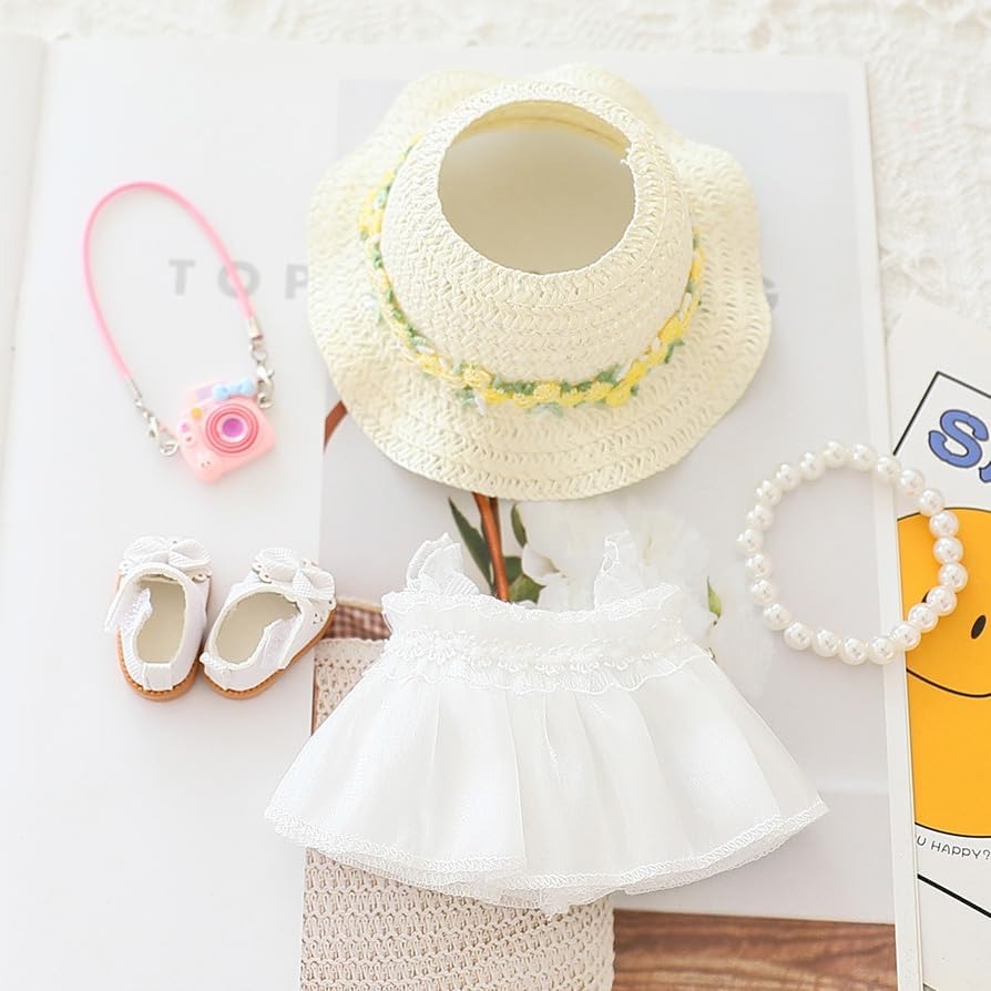 Handmade Elegant Summer Dress Set for Labubu-Style Dolls – 5-Piece Outfit with Hat, Shoes, and Accessories (15–17cm Compatible)