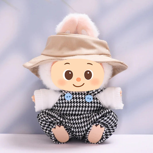 Handmade Houndstooth Overalls Outfit for Labubu-Compatible Dolls – 3-Piece Vintage Casual Set with Hat, Knit Top & Straps