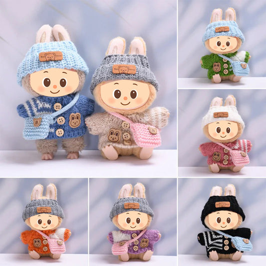 Knitted Outfit Set for Dolls Compatible with Labubu – Handmade Sweater, Hat & Bag