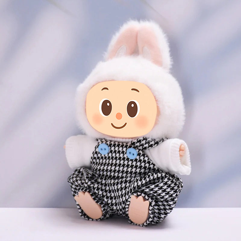Handmade Houndstooth Overalls Outfit for Labubu-Compatible Dolls – 3-Piece Vintage Casual Set with Hat, Knit Top & Straps