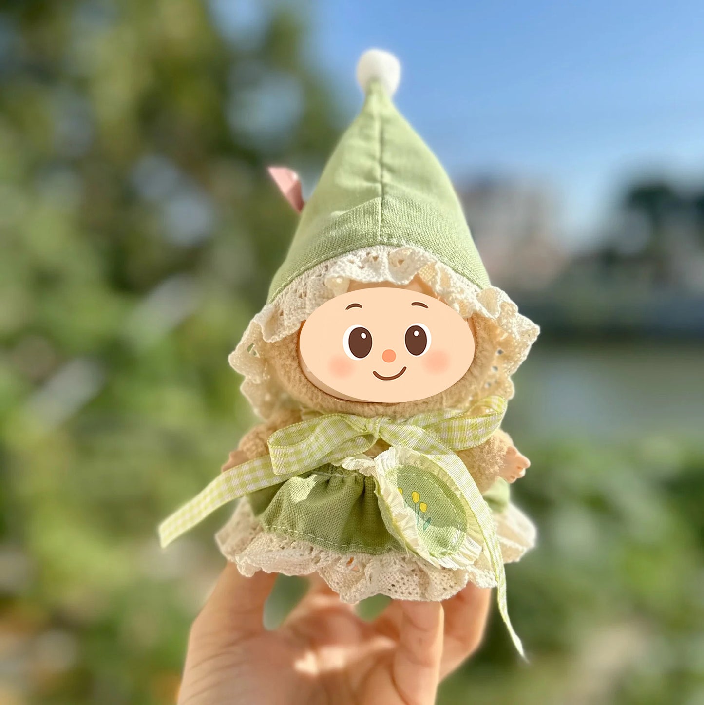 Whimsical Forest Elf Outfit for Labubu-Style Dolls – Handmade 4-Piece Fairy Costume Set with Bonnet, Skirt & Accessories