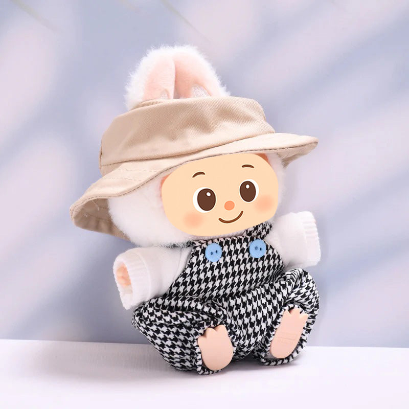 Handmade Houndstooth Overalls Outfit for Labubu-Compatible Dolls – 3-Piece Vintage Casual Set with Hat, Knit Top & Straps