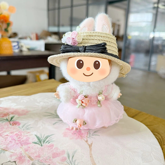 Handmade Floral Dress and Sunhat Set for Labubu – Summer Outfit for Dolls Compatible with Labubu – Includes Dress, Hat, and Flower Clip