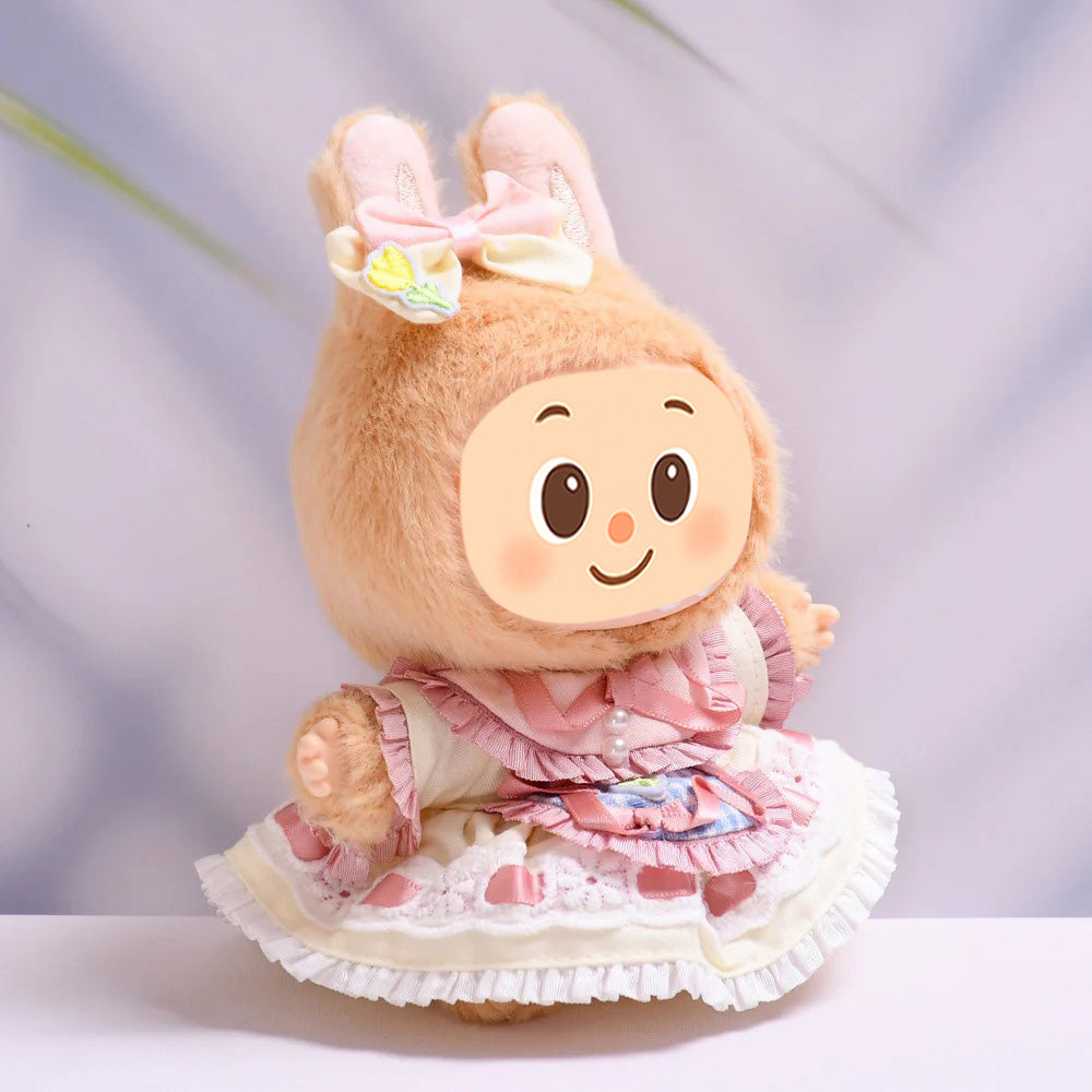 Vintage-Inspired Doll Dress Set – Fit for 15–17cm Labubu-Compatible Dolls – Lace Apron Style with Hair Bow