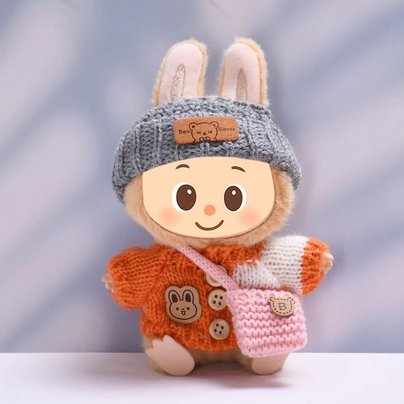 Knitted Outfit Set for Dolls Compatible with Labubu – Handmade Sweater, Hat & Bag