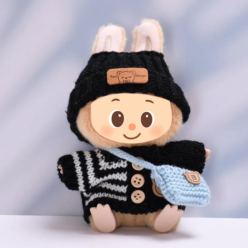 Knitted Outfit Set for Dolls Compatible with Labubu – Handmade Sweater, Hat & Bag