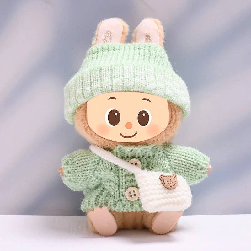 Knitted Outfit Set for Dolls Compatible with Labubu – Handmade Sweater, Hat & Bag