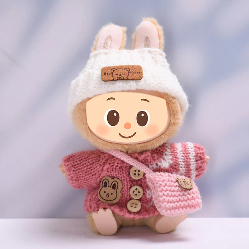 Knitted Outfit Set for Dolls Compatible with Labubu – Handmade Sweater, Hat & Bag