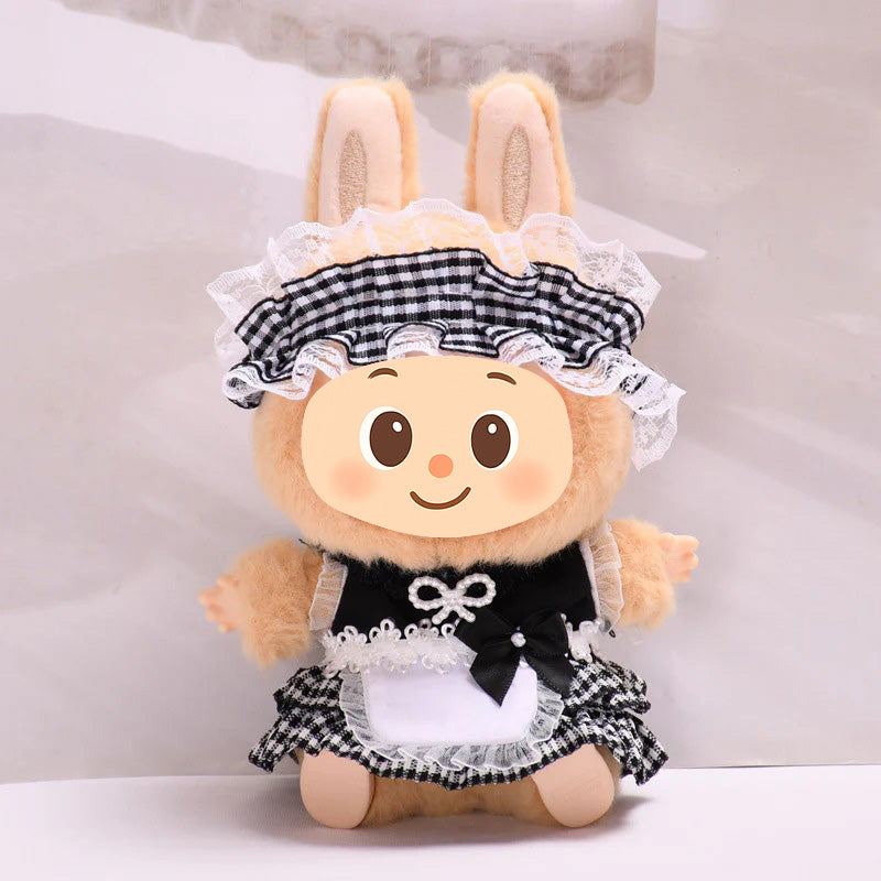 Handmade Maid Outfit Set for Labubu Compatible Dolls – 4-Piece Checkered Costume with Apron and Headband