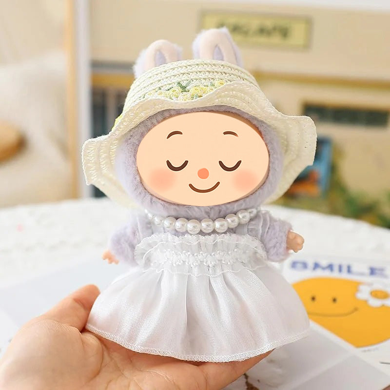 Handmade Elegant Summer Dress Set for Labubu-Style Dolls – 5-Piece Outfit with Hat, Shoes, and Accessories (15–17cm Compatible)
