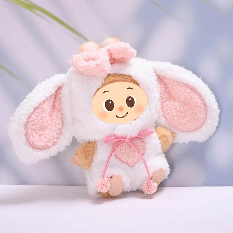Fluffy Bunny Outfit for Labubu Dolls – 2-Piece White and Pink Heart Hoodie Set