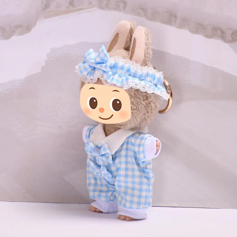 Sweet Plaid Doll Clothes Set – 2-Piece Outfit with Lace Headband and Bow Romper – Fit for 15–17cm Dolls Like Labubu