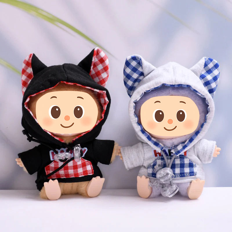 Handmade Cat-Ear Hoodie for Labubu-Compatible Dolls – Cozy Pullover Sweatshirt with Gingham Details