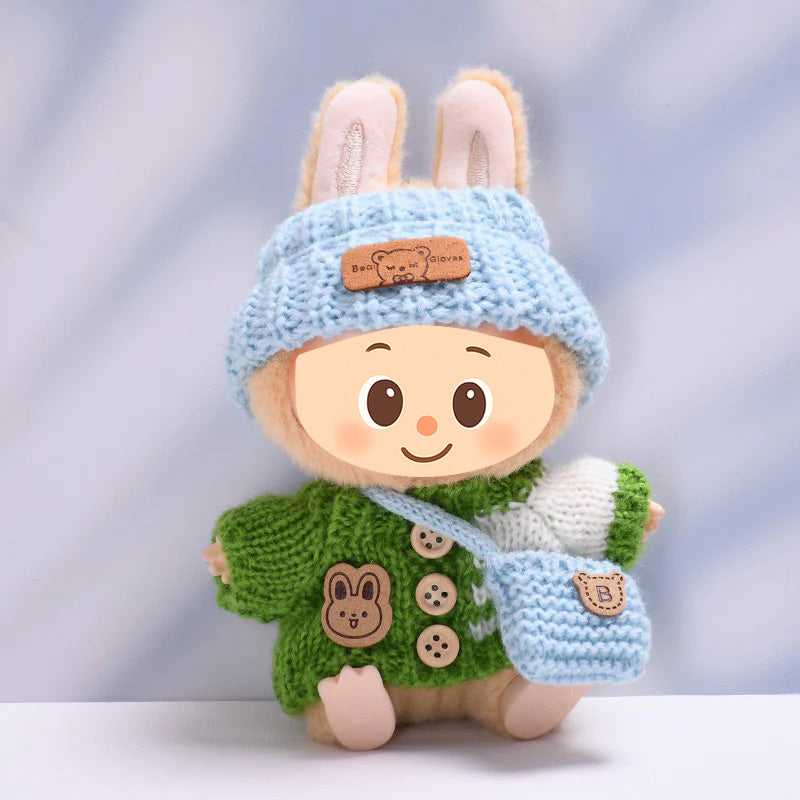 Knitted Outfit Set for Dolls Compatible with Labubu – Handmade Sweater, Hat & Bag