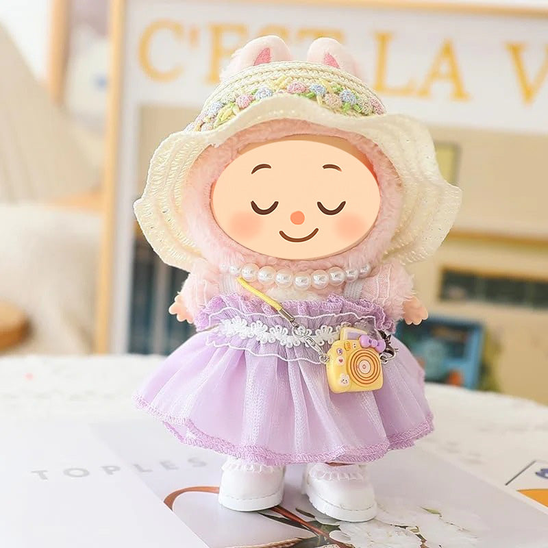 Handmade Elegant Summer Dress Set for Labubu-Style Dolls – 5-Piece Outfit with Hat, Shoes, and Accessories (15–17cm Compatible)